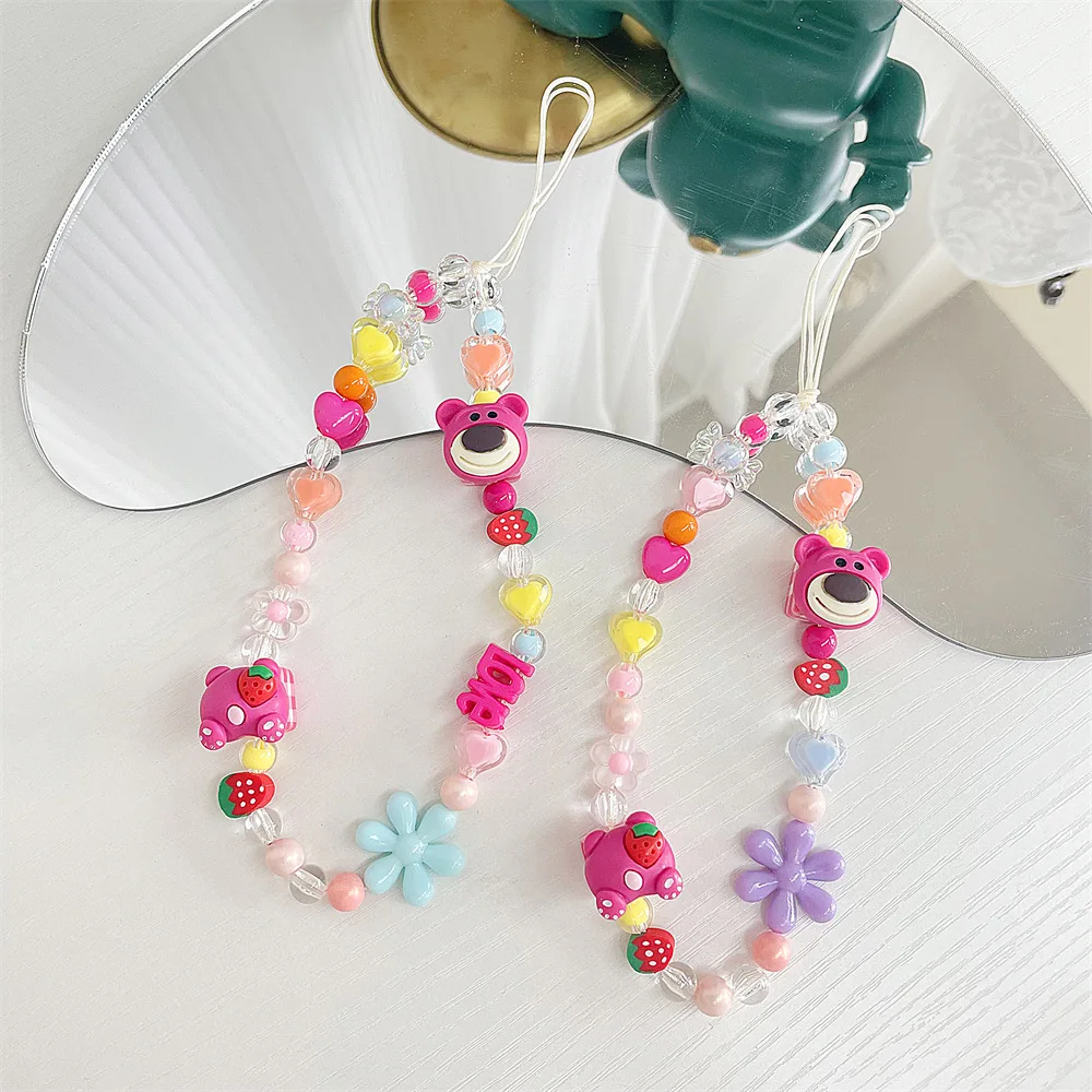 

Cute Strawberry Bear Mobile Phone Chain Women Doll Resin Beads Phone Pendant Charm Anti-lost Lanyard Phone Jewelry Gift For Girl