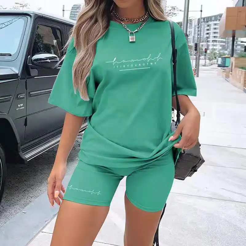 

Women Clothing Sets Short Sleeve T-shirt+Shorts 2Pcs Suit 2023 Summer Loose Tracksuit Letter Print Female Casual Sport Outfits
