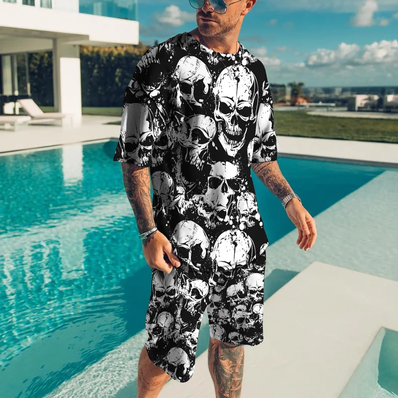 

Summer Tshirt Shorts 2 Pieces Set Tracksuit Men Oversized Clothes Vintage Streetwear Skull 3d Printed Men Sets Short Outfits