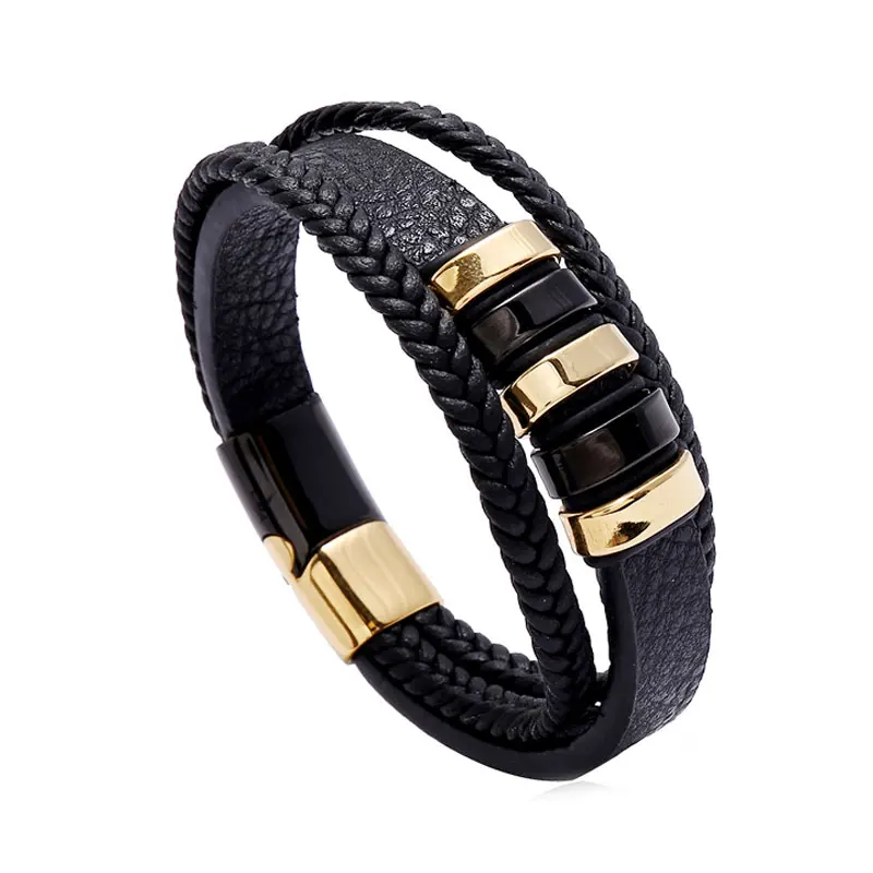 

Fashion Stainless Steel Charm Magnetic Men Bracelet Black Leather Handmade Braided Punk Rock Bangles Jewelry Accessories Friend