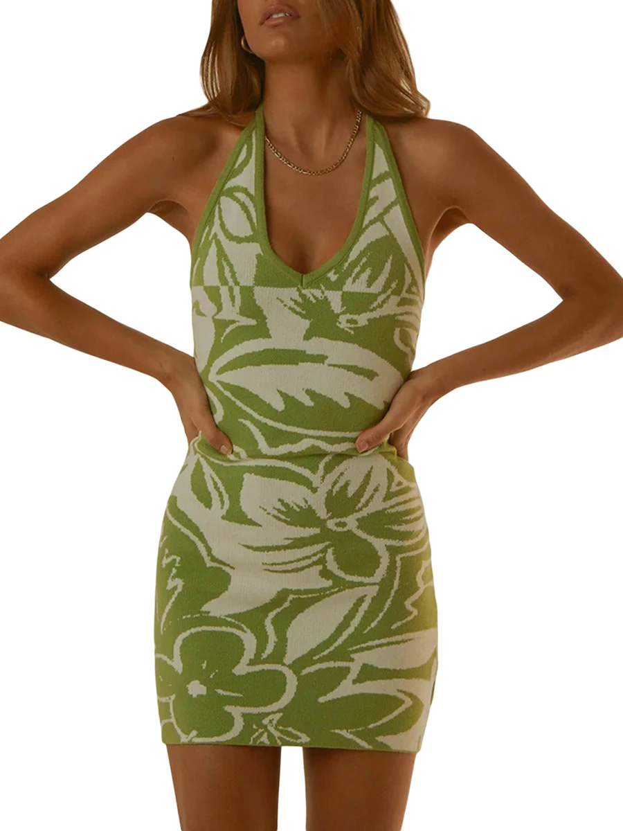 

Women s Knit Halter Dress Summer Sleeveless Green Floral Print Open Back Casual Bodycon Club Dress