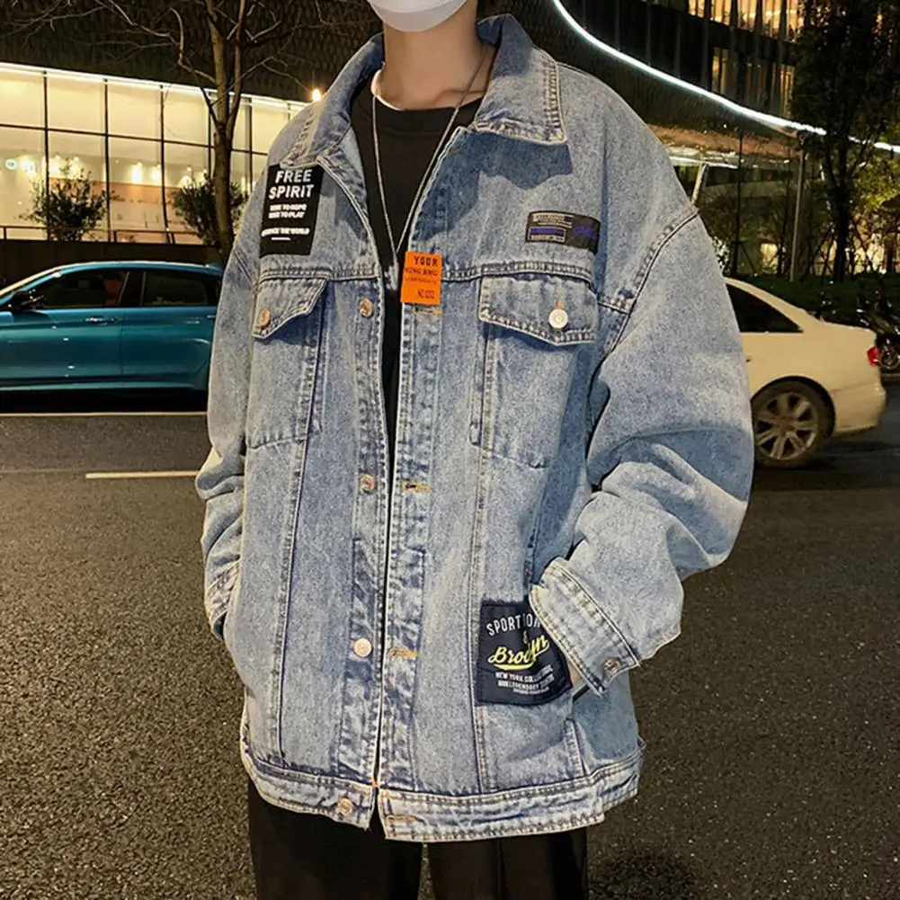 

Male Popular Single Breasted Turn-down Collar Denim Jacket Cool Jeans Coat Relaxed Fit for Working