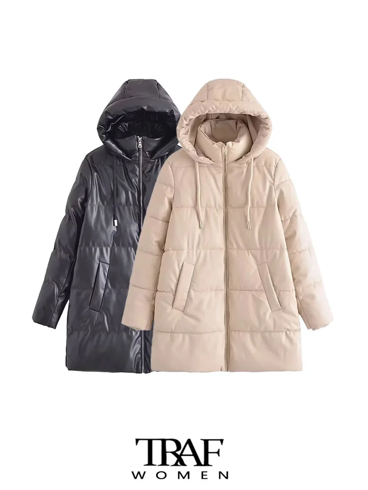 

Женское зимнее пальто из искусственной кожи с капюшоном и длинным рукавом