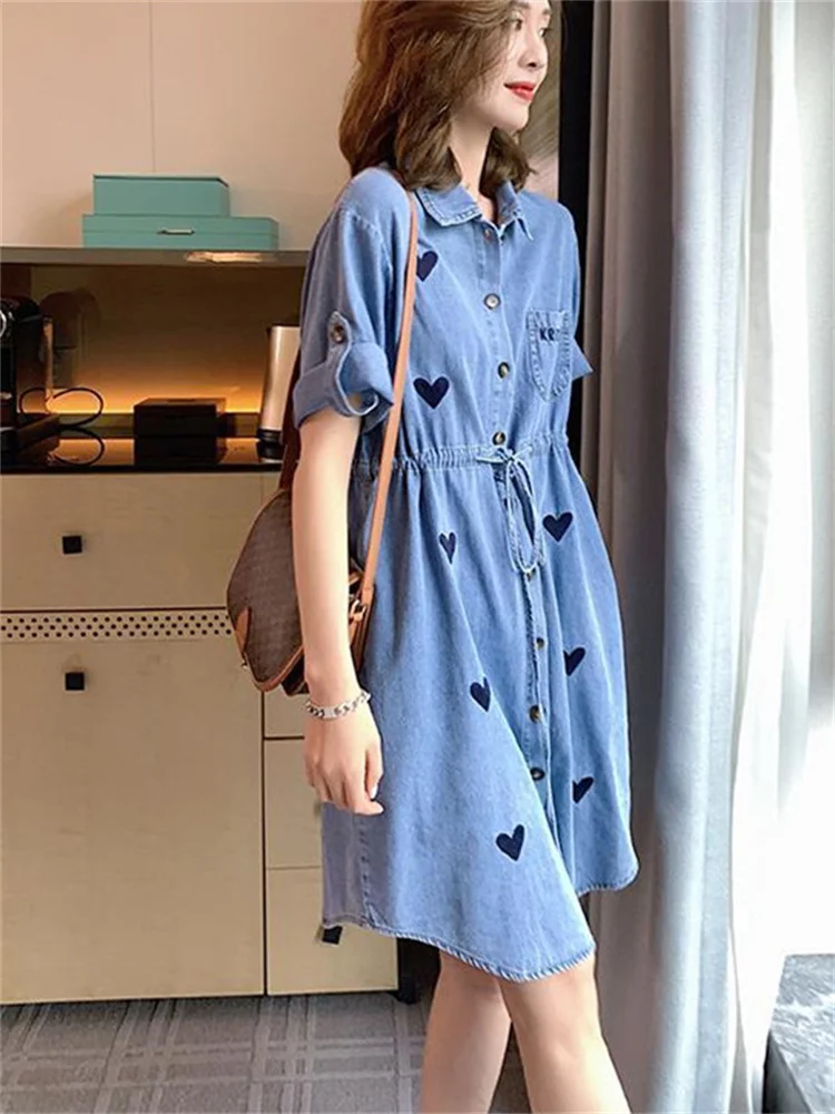 

2022 Women Summer Heart Pattern Denim Blouse Dress Loose Causal Clothes