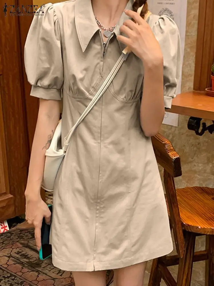 

ZANZEA Fashion Pleated Dresses Summer Elegant Puff Sleeve Dress Female Lapel Neck A Line Sundress Woman Casual Solid Vestidos