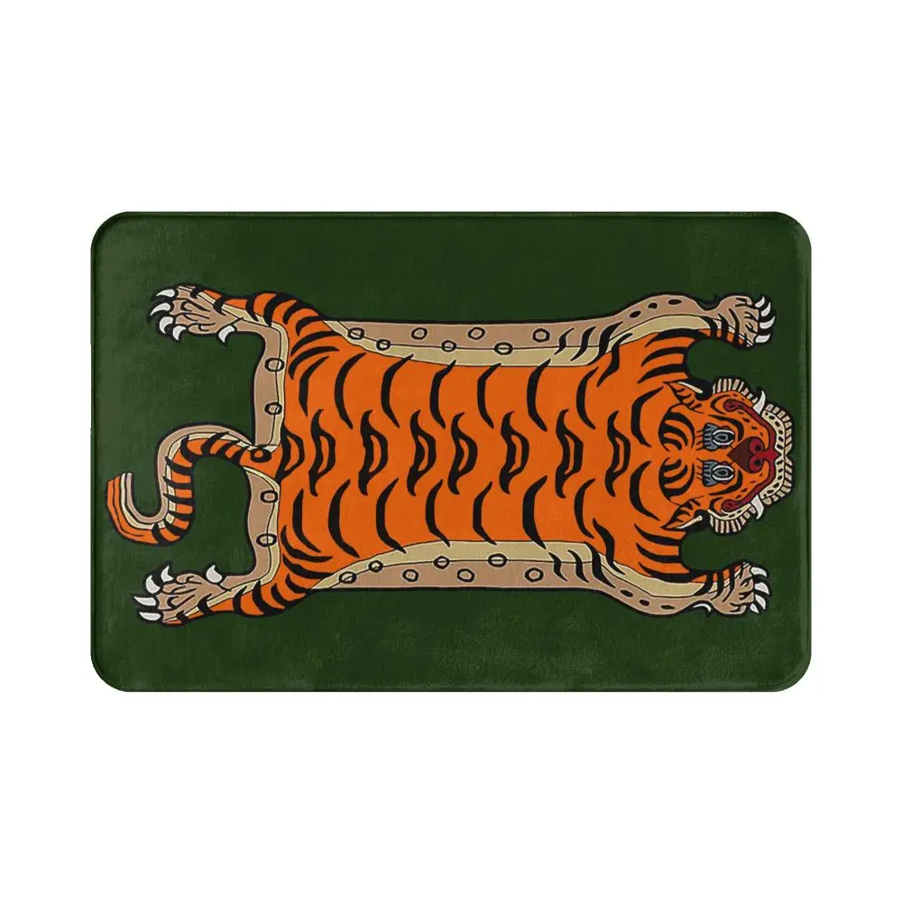 

Tiger Skin Green Carpet Flannel Rug Non-Slip Animal Stripes Absorbent Mat for Entrance Door Kitchen Washable Balcony Mats