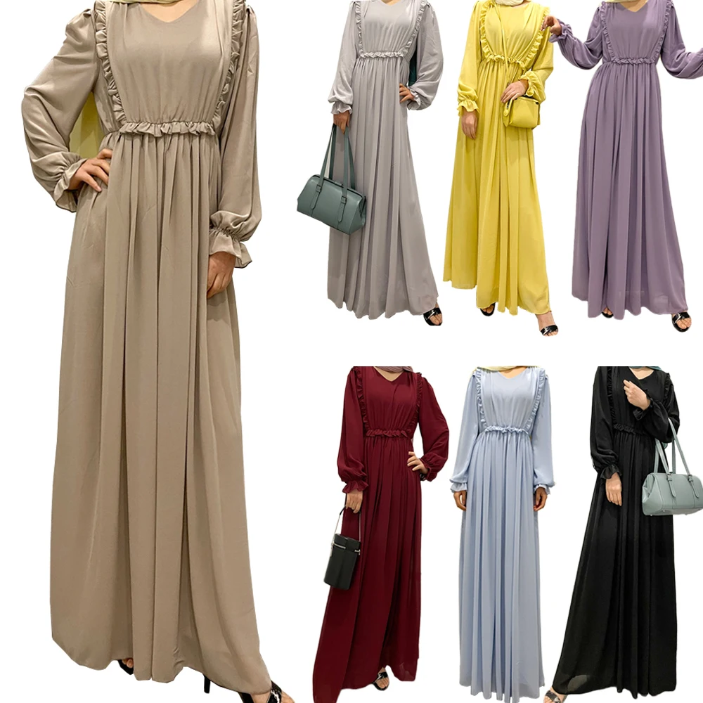 

Muslim Women Plain Abaya Loose Long Dress Dubai Saudi Robe Islam Clothing Turkish Chiffon Outfit Ramadan Eid Kaftan Elegant Gown