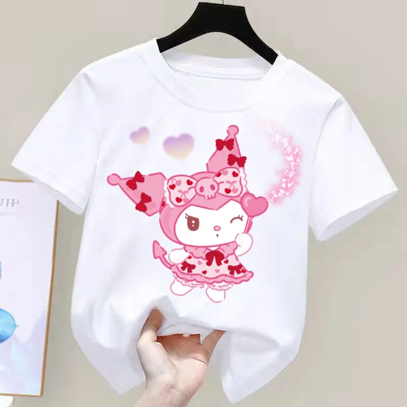 

Kuromi Anime Hellokitty Cinnamoroll T-shirt Children's Shortsleeved Sanrio Clothes Girly Heart Soft Clothes Kawaii Birthday Gift