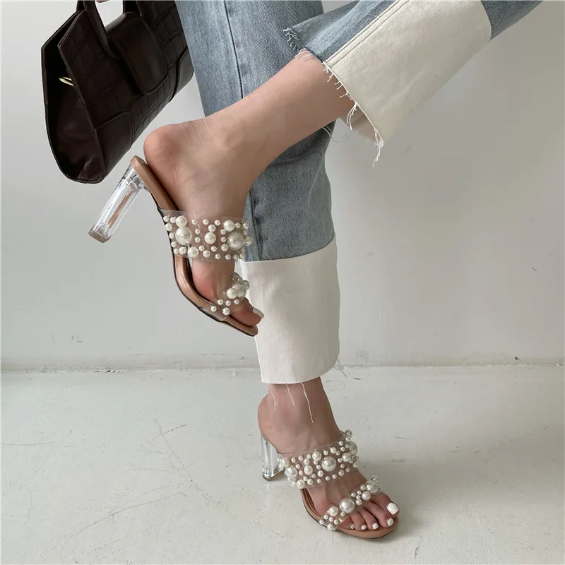 New Transparent PVC String Bead Shoes Woman Fashion Open Toe Slippers Crystal Heels Slides Beach Sandale Ladies  Sandalias
