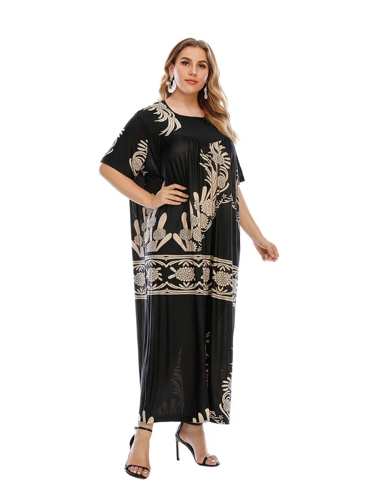 Oversized women's casual dress with printed large swing style plus size dresses robe longue rose grandes tailles