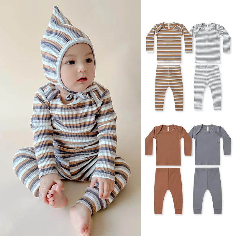 

2023 New Autumn Baby Girl Boy Pajamas Sets Coffee Blue Grey T-shirt Pant Striped Long Sleeves Newborn Cotton Sleepwear 0-3Y