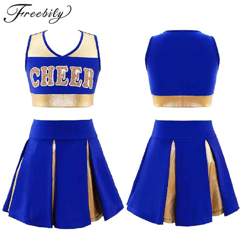 

Kids Girls Cheerleading Dance Clothes Sleeveless V Neck Letter Print Crop Top with Elastic Waist Skirt for Party Sports Meeting