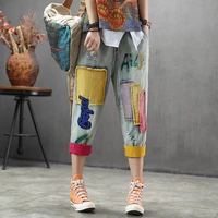 new high quality women m 4xl retro patch embroidered printed loose jeans oversized light blue washed ripped jeans cropped pants