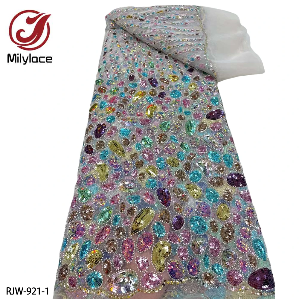 

Luxury Handmade Heavy Sequins and beads French Net Lace Fabric African Tulle Lace Fabric for Evening Dress RJW-921