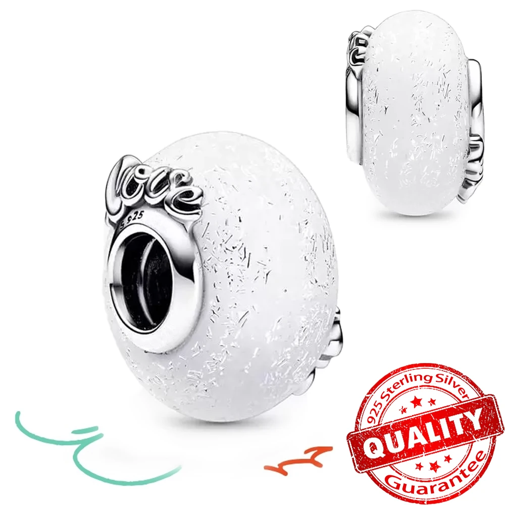 Authentic 925 Sterling Silver Glittery White Murano Glass Mum & Love Charm Fit Pandora Bracelet & Necklace Girl Jewelry Gift