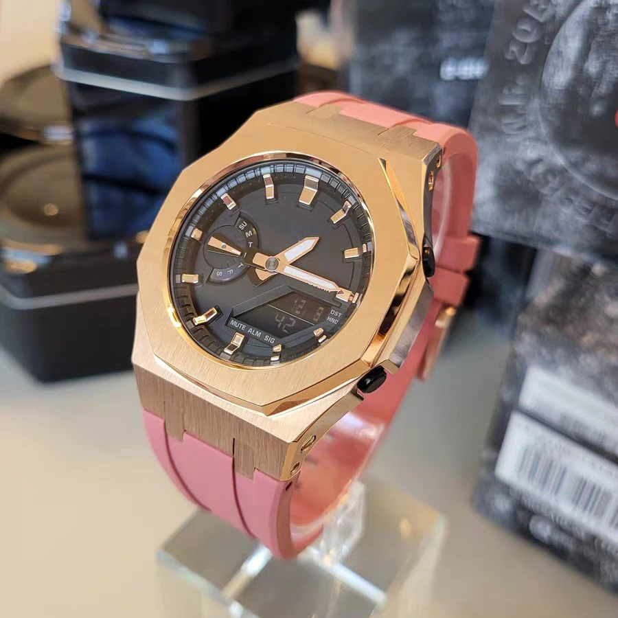 For GMA-S2100 Mod Kit for Casioak GMAS2100 Metal Steel Case Bezel with Tool Female Fluoro Rubber Strap for GMA-S2100 Accessories