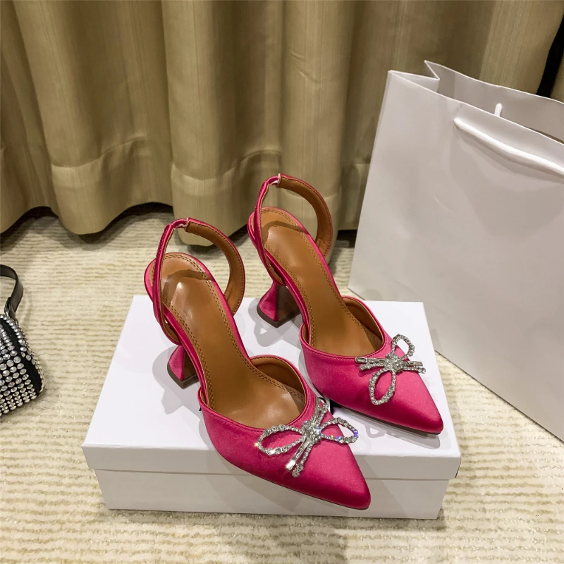 Pointed Toe High Heels Woman Summer 2023 Niche Baotou Women's Shoes Bow Rhinestone Sandals Woman