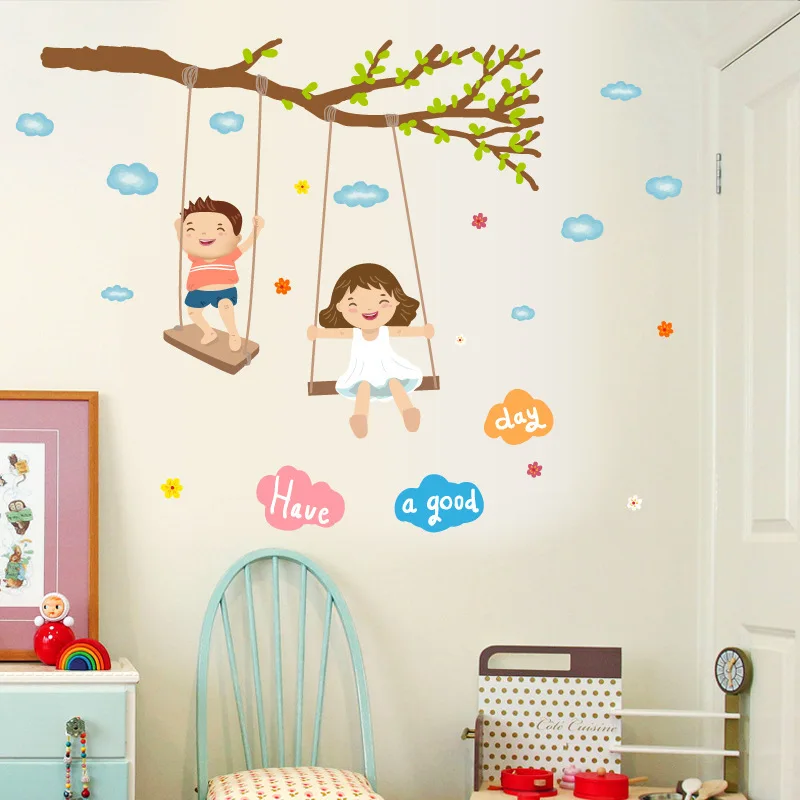 

Cartoon Baby Girl Boy Swing Wall Sticker Tree Clouds Happy Kids Rooms Decoration Stickers Diy Nursery