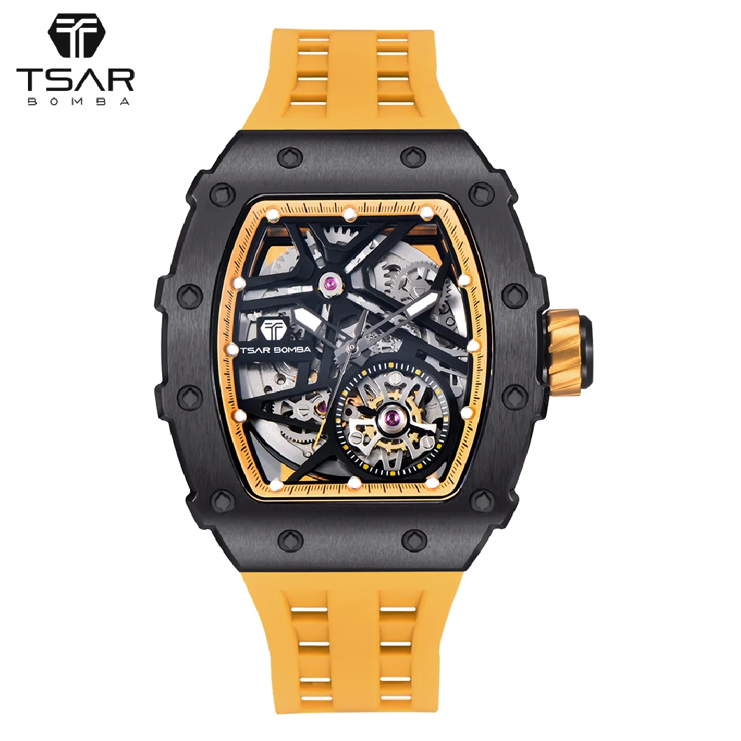 

TSAR BOMBA 2022 New Mens Automatic Watch Tonneau Hollow Dial Waterproof Skeleton WristWatch Luxury Mechanical Watches for Men