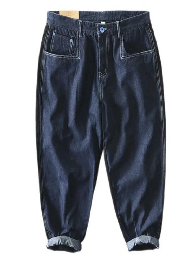 Men Jeans Patchwork Pants Cotton Male Black Casual Mid Waist Slim Fit Trouser Vintage Wash Jeans