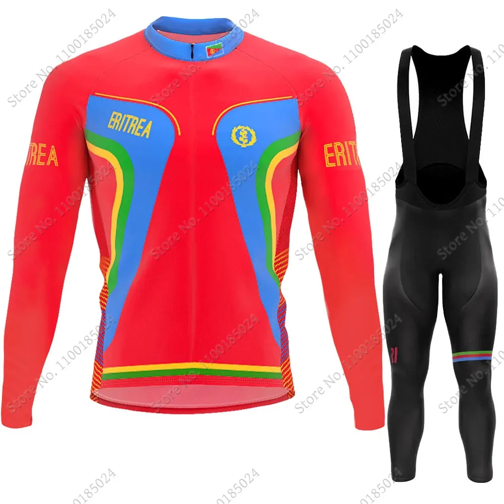 

2022 Eritrea National Team Red Cycling Jersey Set Summer Long Sleeve Clothing Suit MTB Bike Road Pants Bib Ropa Maillot Ciclismo