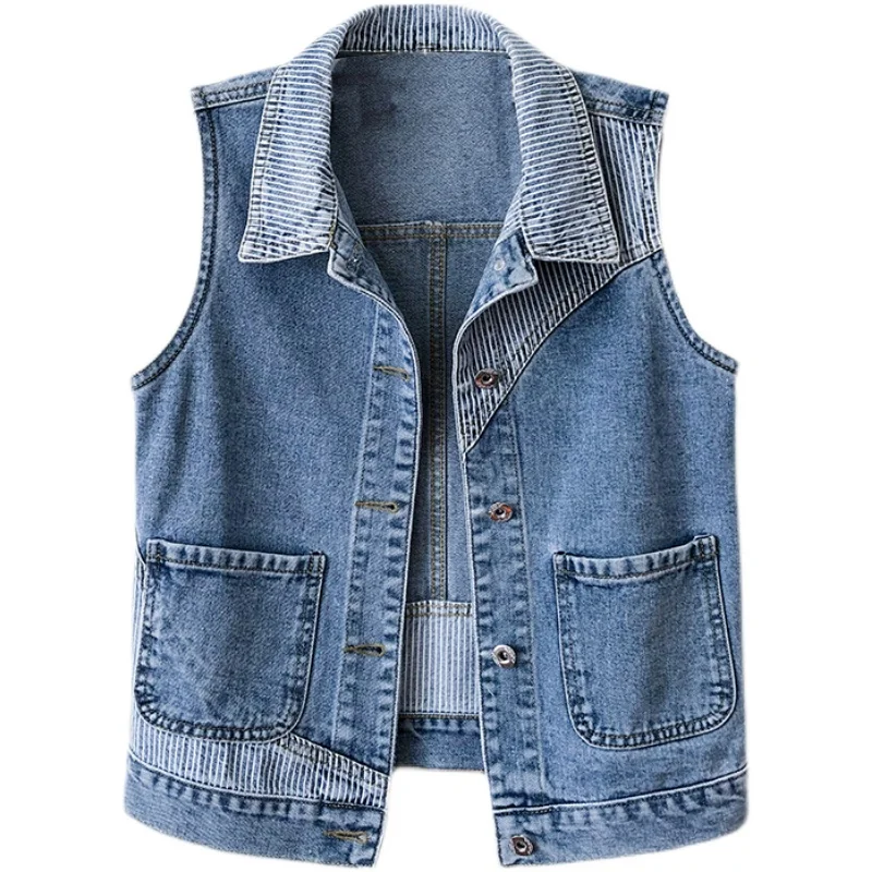 

2022 Spring Autumn New Fashion Denim Vest Ladies Tide Striped Stitching Short Thin Waistcoat Loose Sleeveless Jacket Women G1907