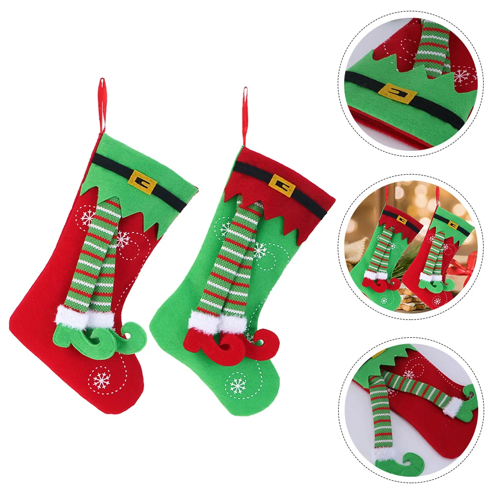 

2 Pcs Elf Leg Christmas Stocking Decorative Xmas Gift Bag Decorate Sock Pouch Hanging Cloth Tree Ornament