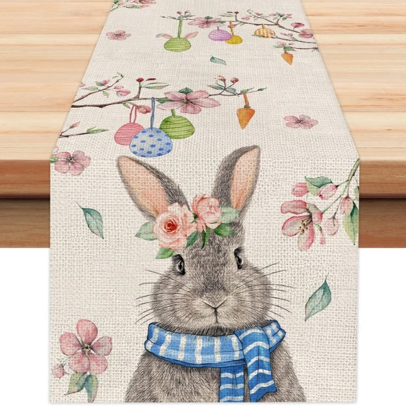 

Cute Easter Bunny Table Runner Peach Blossom Seasonal Spring Dining Table Decoration For Easter Theme Gathering Dinner Party