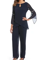 pantsuit jumpsuit mother of the bride dress elegant jewel neck floor length chiffon long sleeve with crystals