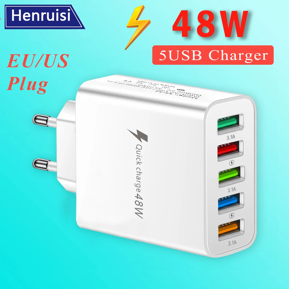 

48W EU/US Plug 5 USB Fast phone charger Quick chagre 3.0 4.0 For iPhone Huawei Xiaomi OPPO 14 13 3A Moble phone chargers adapter