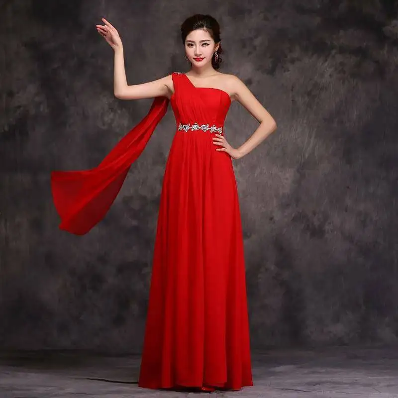 

M588 Summer CRYSTAL Red Chiffon Long Bridesmaid Dress Sexy Women One Shoulder Blue White Wedding Party Prom Dresses