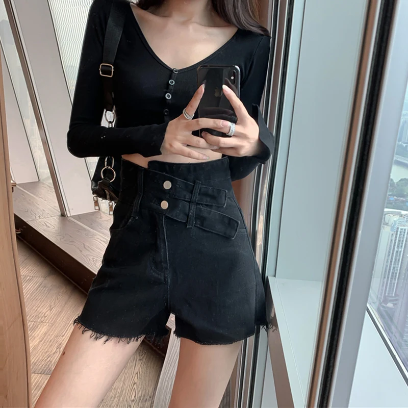 Women 2021 Summer Korean Style Fashion Sexy High Waist Shorts Chic Female Patchwork Denim Club Plus Size Shorts Streetwear