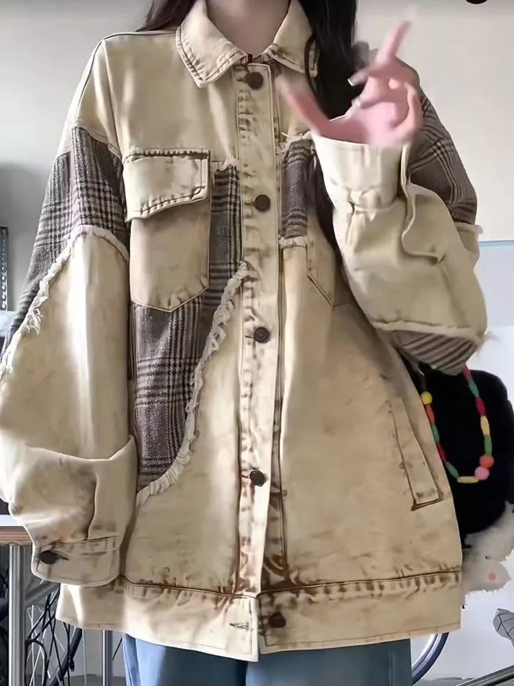 Куртка женская джинсовая в клетку Асимметричная Повседневная Свободная