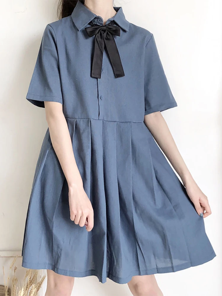 Купи Anbenser Women Dress Bow-knot Pleated Lapel School Style Harajuku Large Size 2XL Cute Girls Newest Midi Dresses Daily Soft Summe за 1,308 рублей в магазине AliExpress