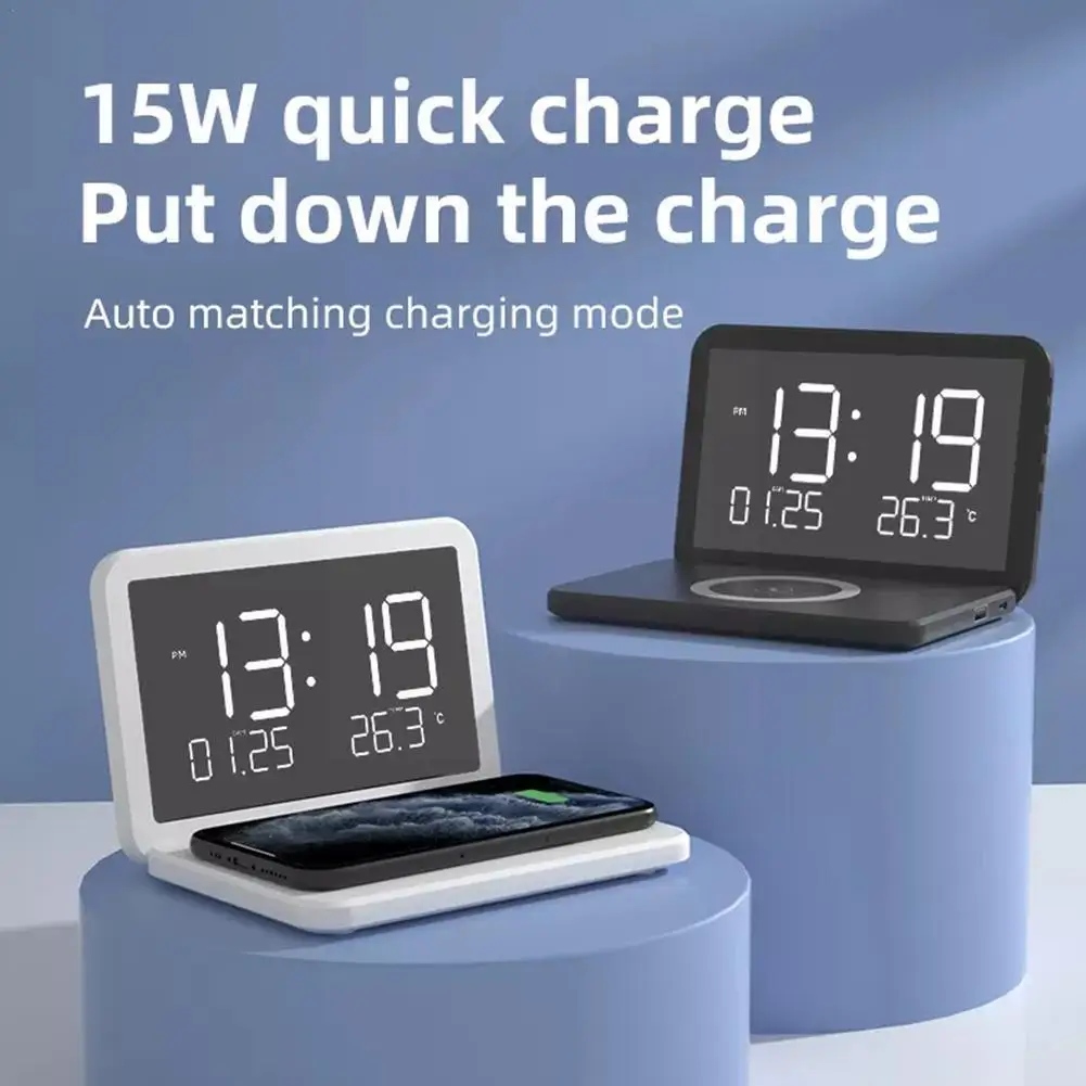 

3 In 1 Digital LED Electric Alarm Clock With Phone Wireless Charger Thermometer Table For Mobile Phone Smart Products Q6D0