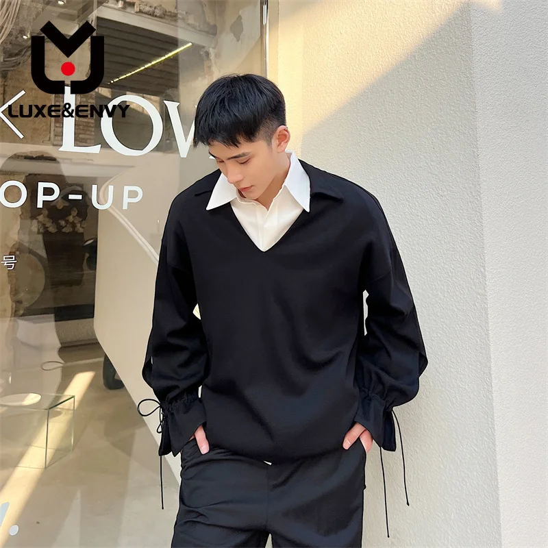 

LUXE&ENVY Korean Version Abstinence Deep Collar Design Shirt Collar Sweater Men's Cuffs Drawcord Loose Versatile Top Men
