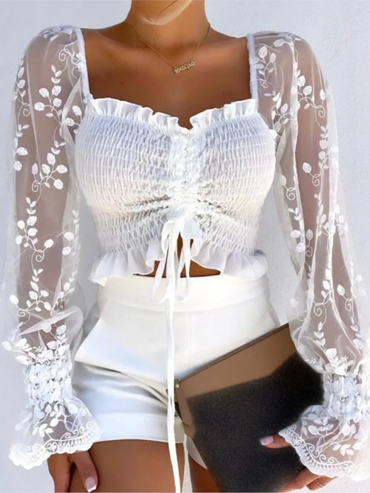 

Women's Summer Shirt 2023 New Fashion Stitching Lace Square Neck Drawstring Shirring Detail Frill Hem Mesh Top