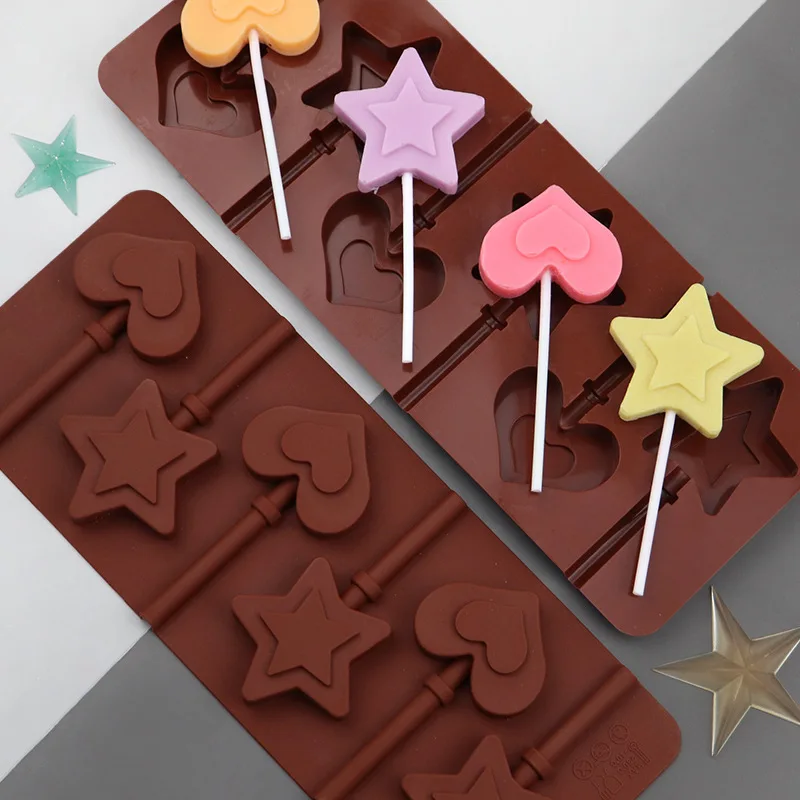 

6 Even Lollipop Silicone Mold Double-layer Love Five-pointed Star Shape Chocolate Cheese Sticks Making Tool Kitchen Baking Mold