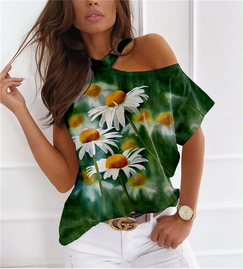 

2022 New Summer Off Shoulder Women T Shirt Floral Print Loose Casual Cotton T Shirts Fashion Ladies Pullovers Short Sleeve Tops