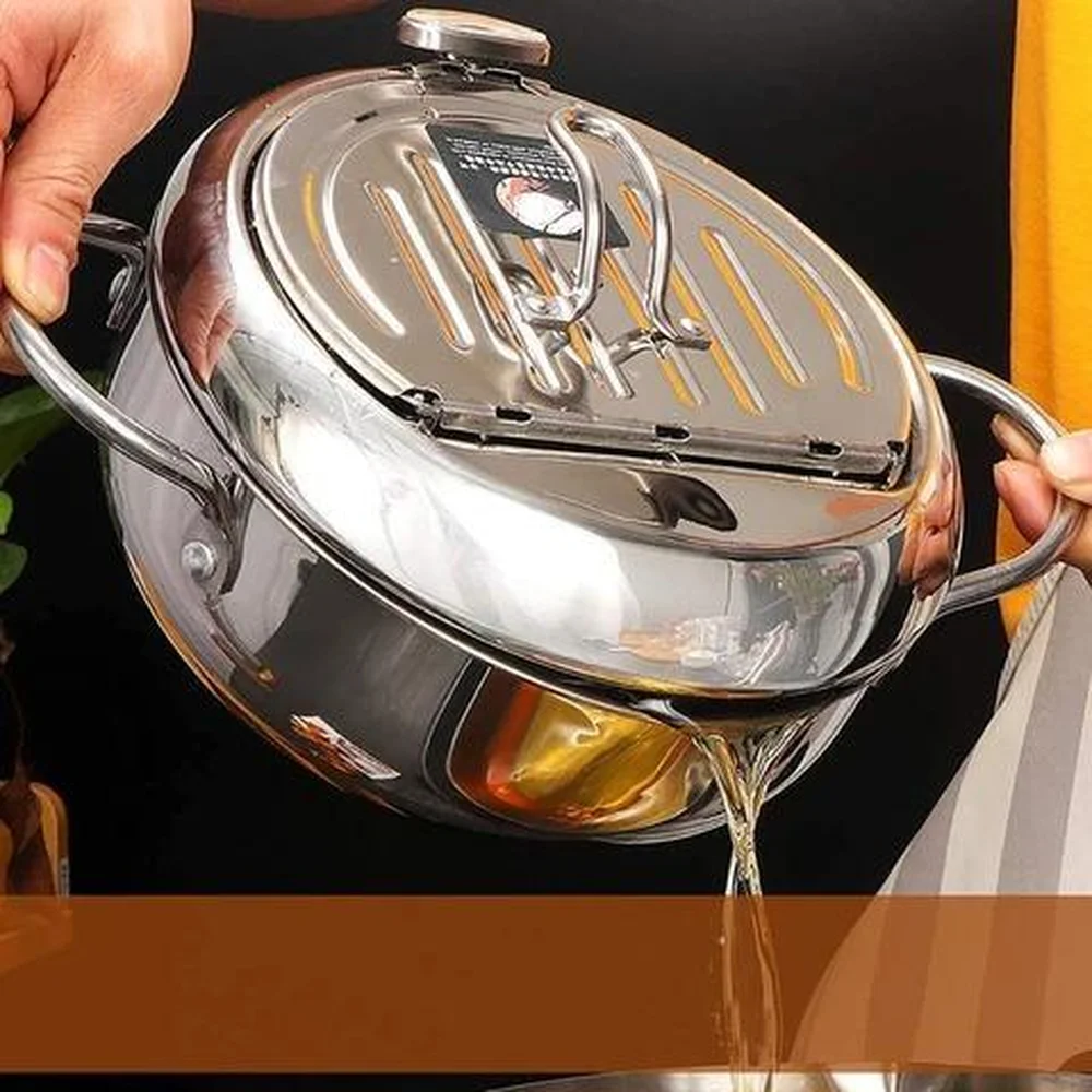 

304 Stainless Steel Deep Frying Pot Kitchen Tempura Fryer Pan with Lid and Thermometer Japanese Style Frying Pot Dropshipping