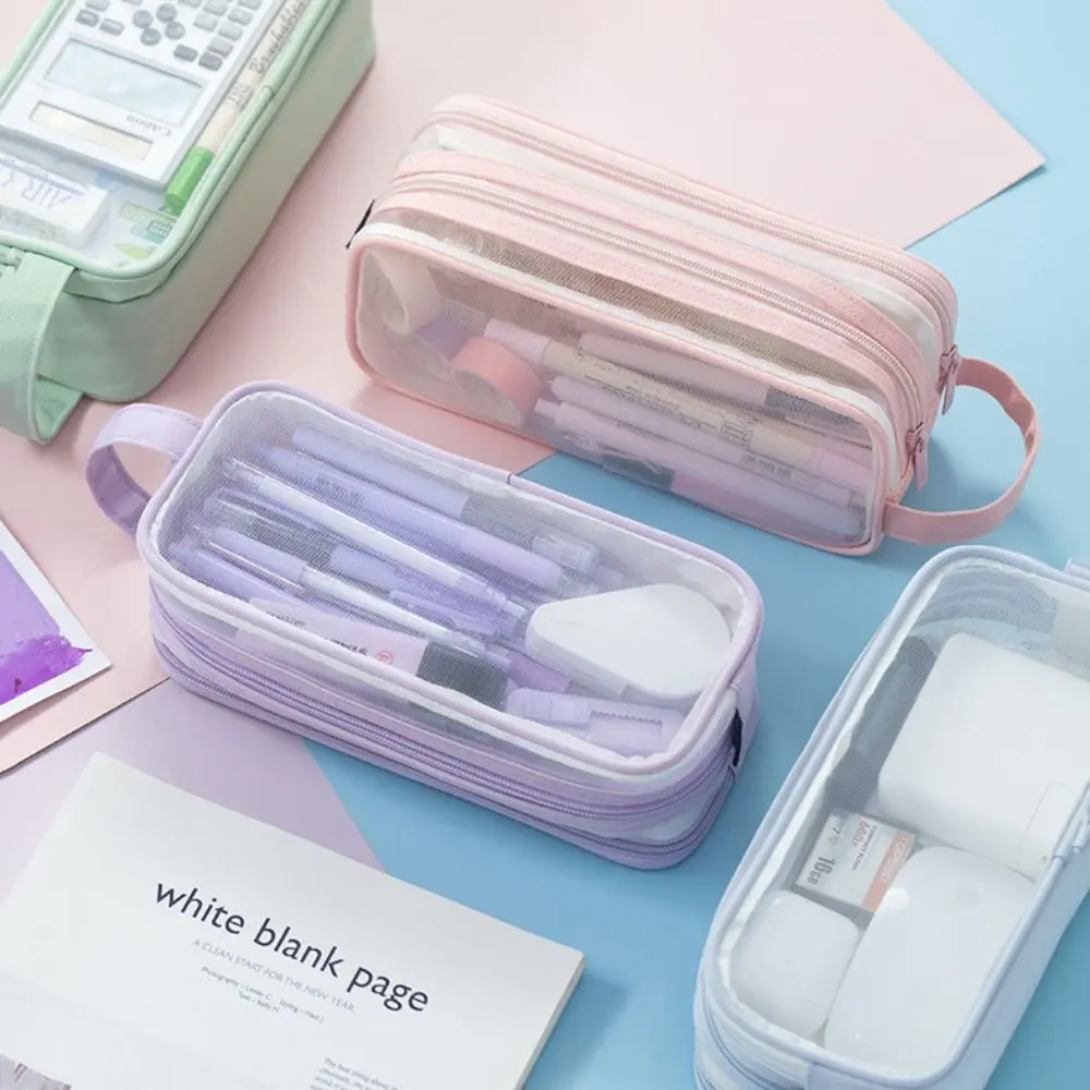 

2 Compartment Pencil Case Cute Handheld Grid Mesh Pen Bag Large Transparent Makeup Bag Students