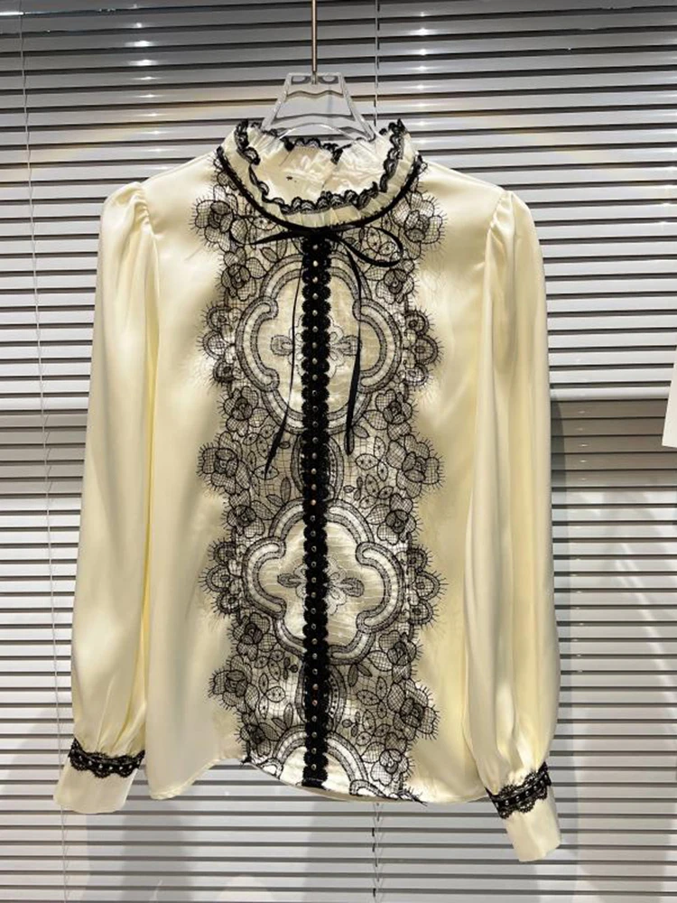 

HIGH QUALITY New Fashion 2022 Designer Shirt Women's Stand Collar Lace Stitched Long Sleeve Shirt Top