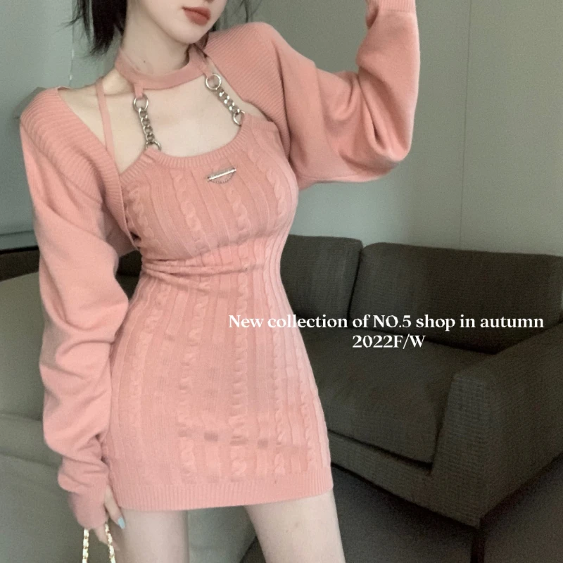 

Korean Style Women's 2022 Autumn Halter Short Dress Pink Tight Chain Dress with Cardigans 2 Pieces Sets Hotsweet Sexy Suit