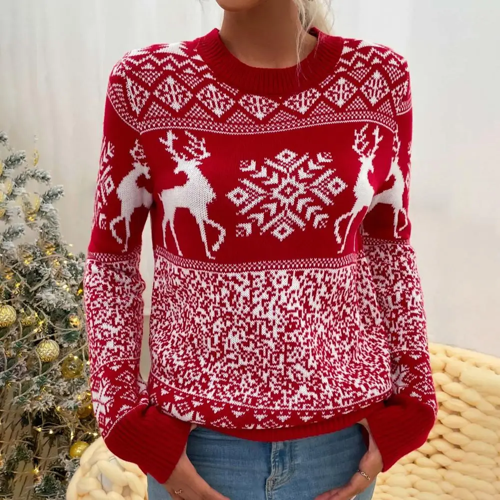 

Рождественский свитер с круглым вырезом и длинным рукавом, вязаный пуловер с принтом лося и снежинок, свитер свободного кроя, свитер, джемпе...