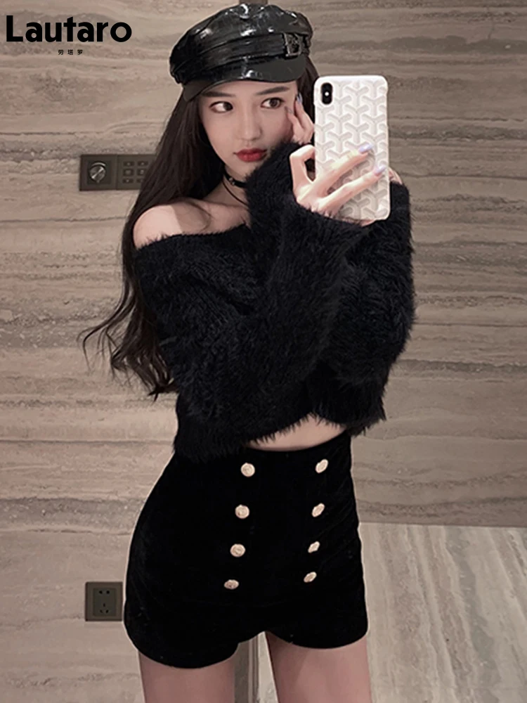 Lautaro весна лето короткие черные эластичные мягкие бархатные шорты женские с