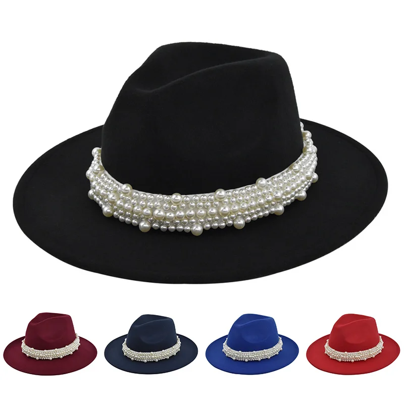 

Роскошная замшевая фетровая шляпа с жемчугом, фетровая шляпа, Осень-зима 2022, Женская винтажная шляпа с большими полями для церкви, белая джазовая шапка