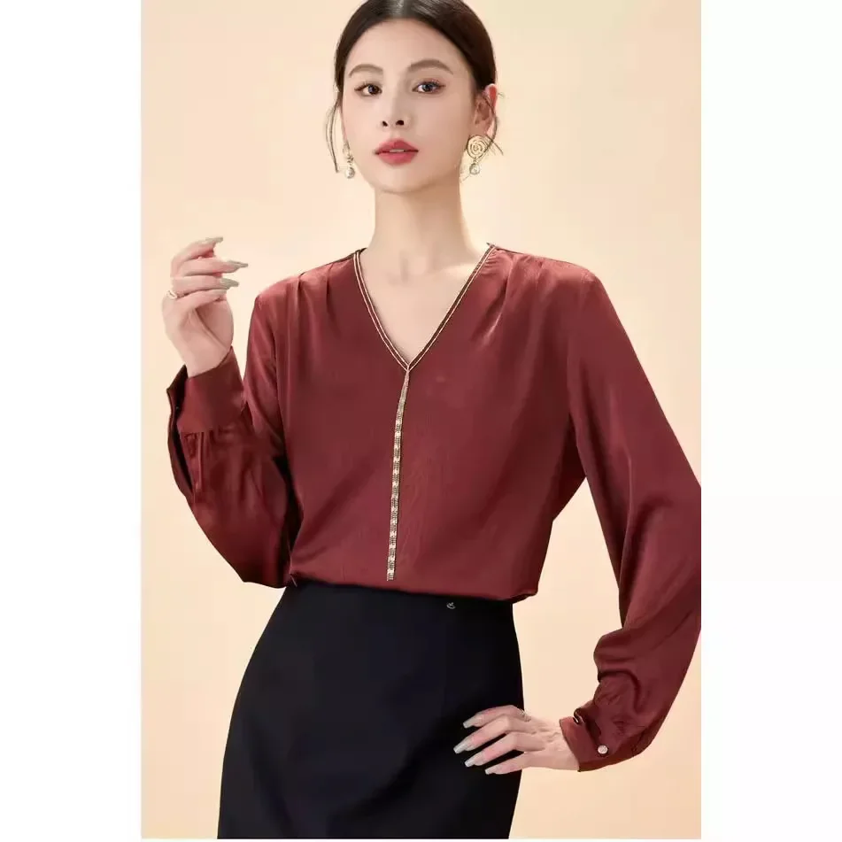Элегантная шифоновая блузка с длинными рукавами для женщин осень 2024 Новое
