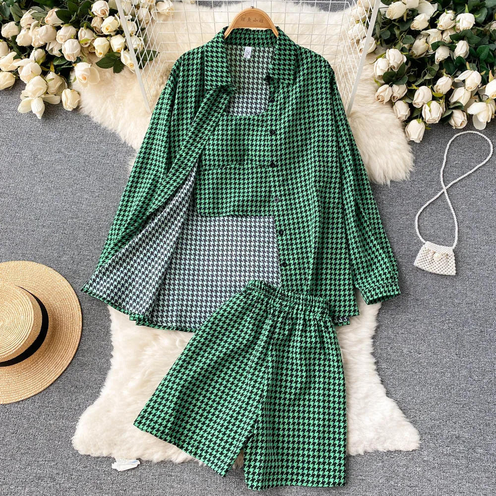 

Summer Women Fashion Casual Houndstooth Shorts Suit Strapless Tank Tops Loose Shirts and Pants 3 Pieces Set Female Solid Outfits