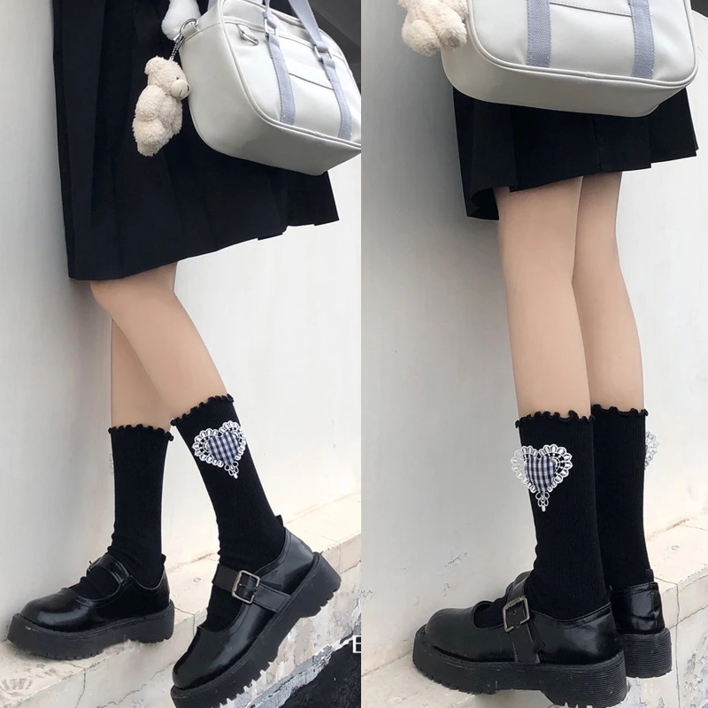 

Носки женские хлопковые в рубчик, милая Лолита в японском стиле, с оборками, с кружевной отделкой 3D, в клетку, с сердечками, для студентов, средней длины