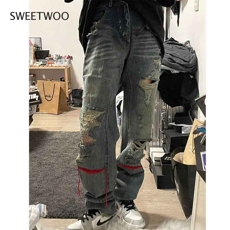 

Ripped Jeans Ladies High Street Hiphop High Waist Straight Leg Pants Ripped Jeans for Women Y2K Pants Women Fashion Tide Chic